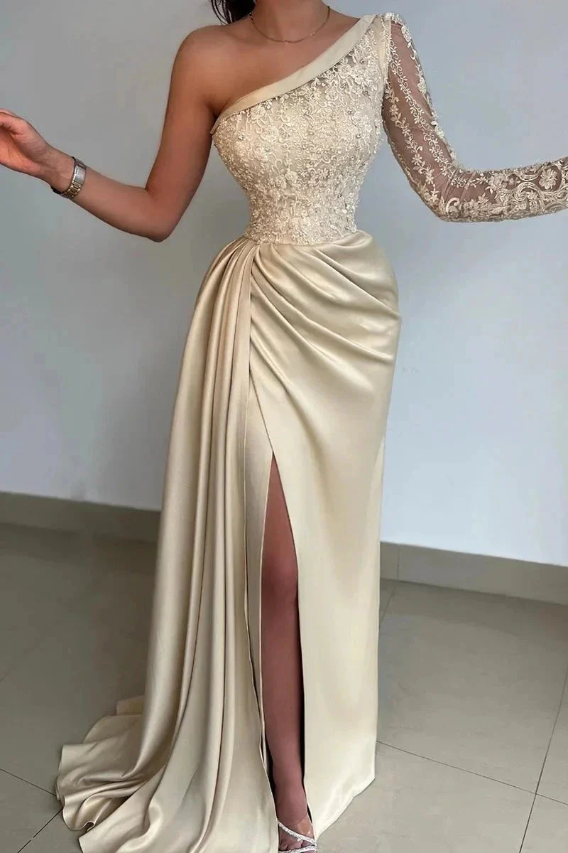 Elegant One Shoulder Lace Long Sleeve Satin Prom Dress With Slit - Image 2