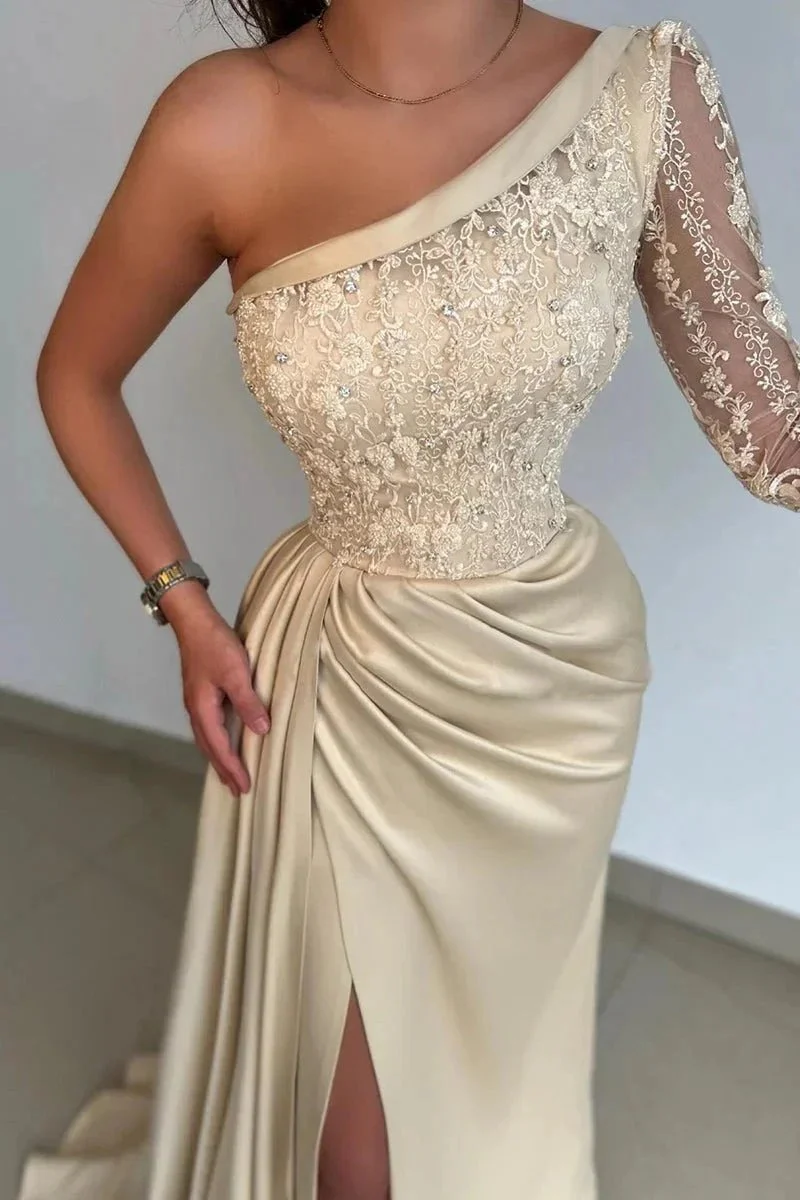 Elegant One Shoulder Lace Long Sleeve Satin Prom Dress With Slit - Image 3