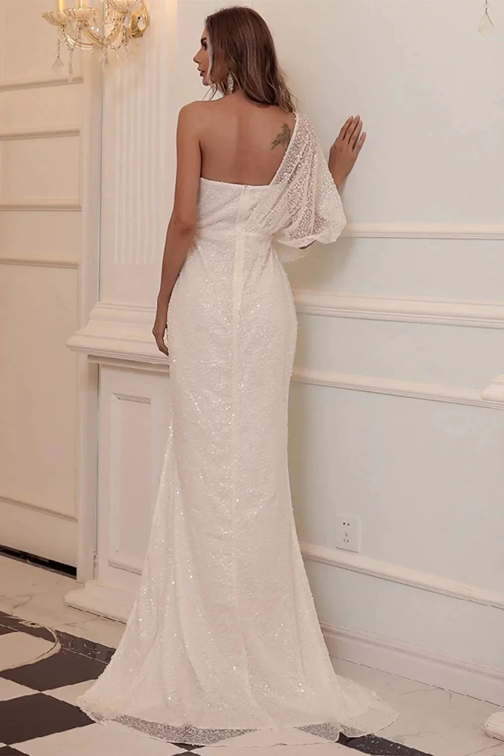 Elegant One Shoulder Sequins Split Mermaid Prom Dress - Image 2