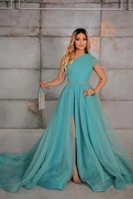 Elegant one shoulder sleeveless a-line 100D-Chiffon evening dresses ribbons - Image 3