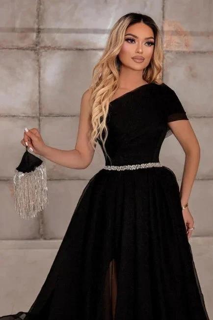 Elegant one shoulder sleeveless a-line 100D-Chiffon evening dresses ribbons - Image 5