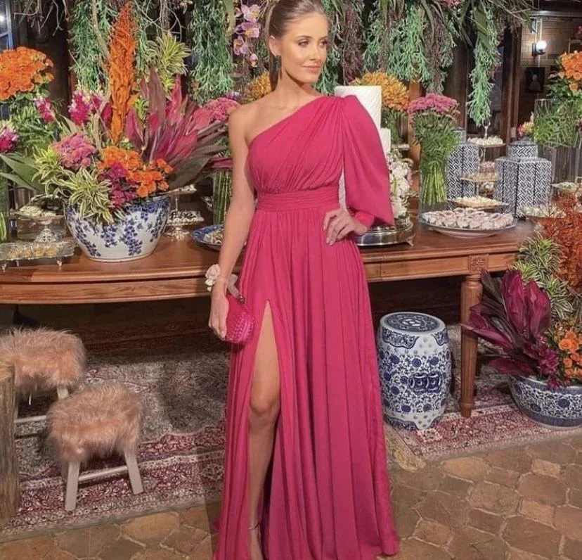 Elegant One Sleeve A-line Evening Dress Wedding Guest Dress Y5239 - Image 2