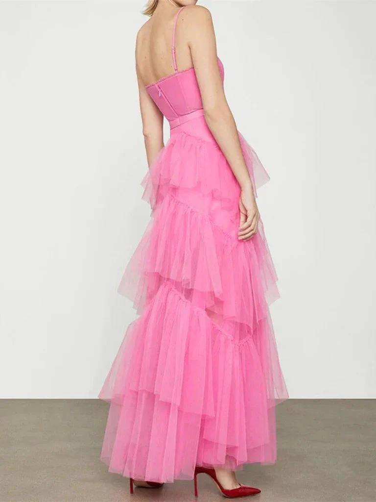 Elegant Open Back Layered Hot Pink Tulle Long Prom Dresses, Hot Pink Tulle Formal Graduation Evening Dresses Y2114 - Image 2