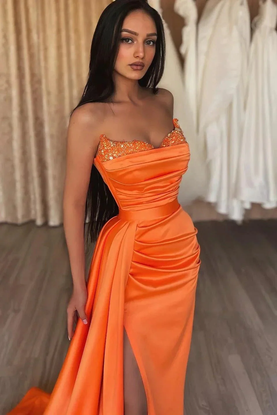 Elegant Orange Sleeveless Split Mermaid Prom Dresses with Ruffles - Image 2