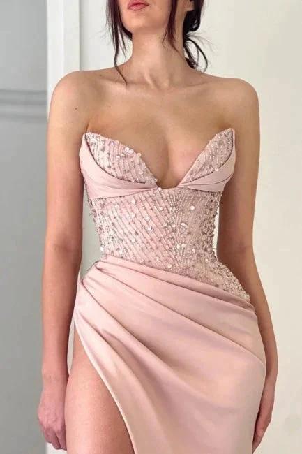 Elegant Peach V-neck Mermaid Evening Dresses Long Simple Prom Dresses With Slit - Image 3