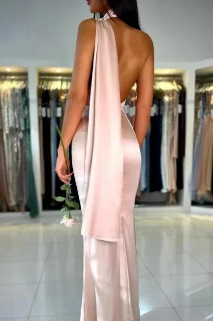 Elegant Pink Long Simple Mermaid One Shoulder Sleeveless Satin Prom Dresses - Image 3