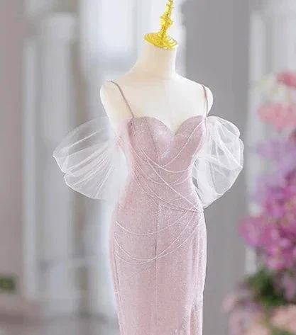 Elegant Pink Mermaid Spaghetti Straps Beading Prom Evening Dress Y7615 - Image 2