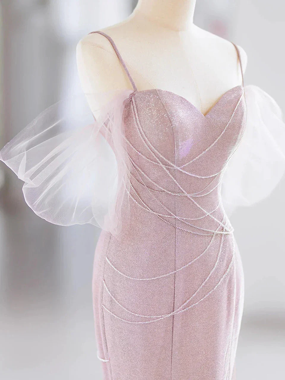 Elegant Pink Mermaid Spaghetti Straps Beading Prom Evening Dress Y7615 - Image 3