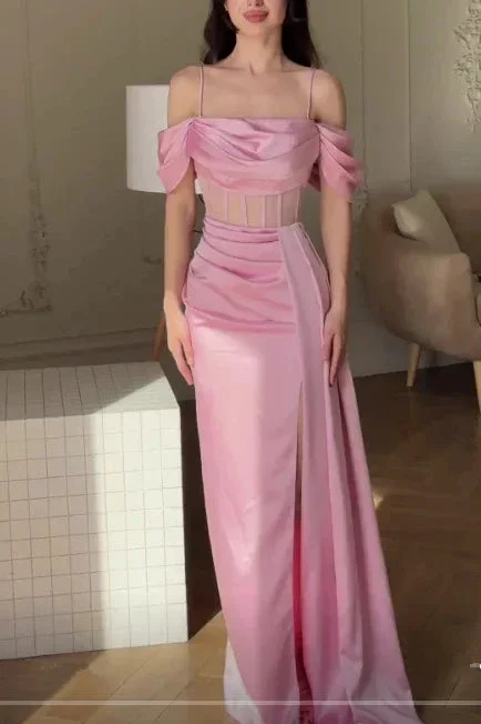 Elegant Pink Off The Shoulder Mermaid Prom Dress Slit Evening Dress Y7625 - Image 2