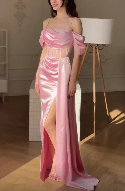 Elegant Pink Off The Shoulder Mermaid Prom Dress Slit Evening Dress Y7625 - Image 3