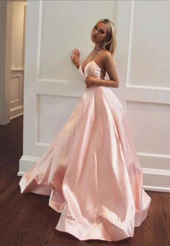 Elegant Pink Sleeveless Satin Long Prom Dress Modest V Neck Pink Evening Dress Y1075 - Image 2