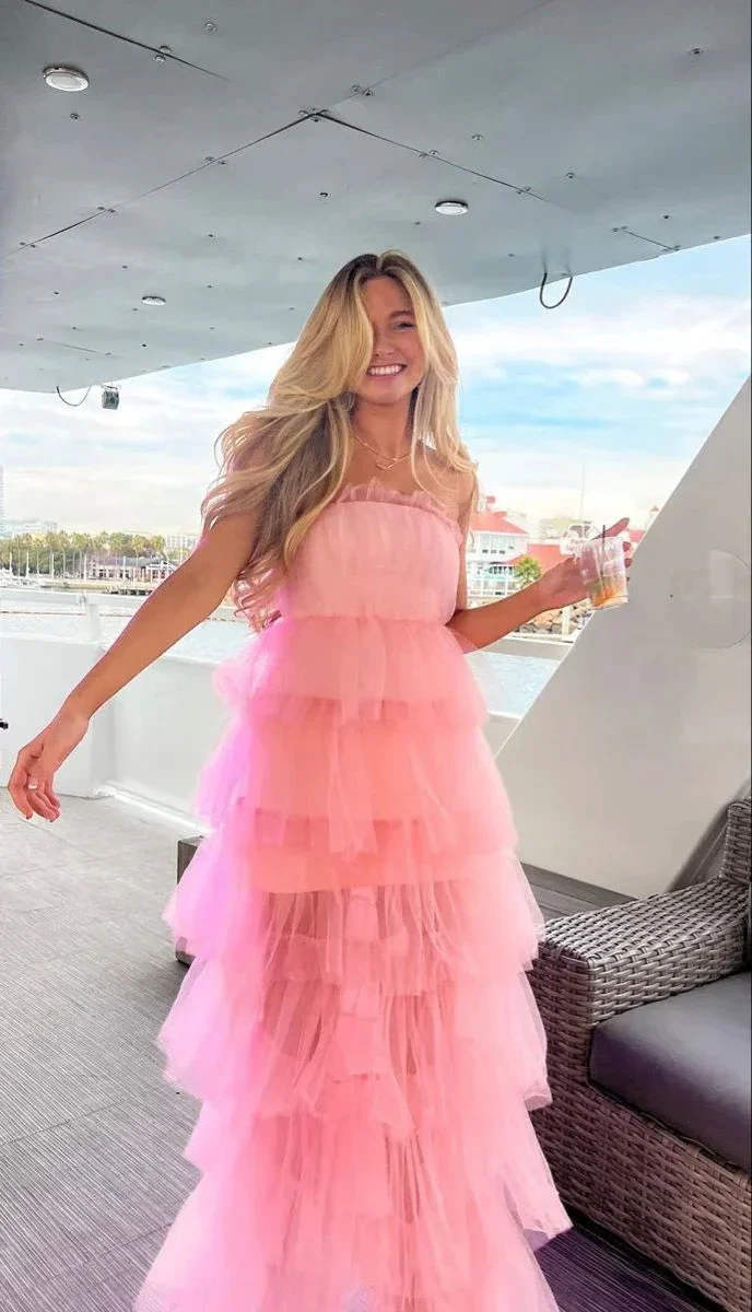 Elegant Pink Tulle Layered Long Prom Dress,Pink Evening Dress Y2303 - Image 2