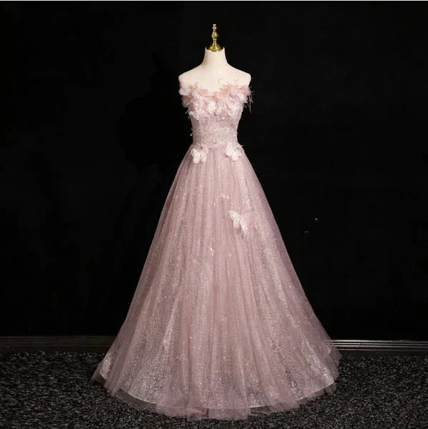 Elegant Pink Tulle Sequins Ball Gown Butterfly Appliques Formal Evening Dress Y7996 - Image 2