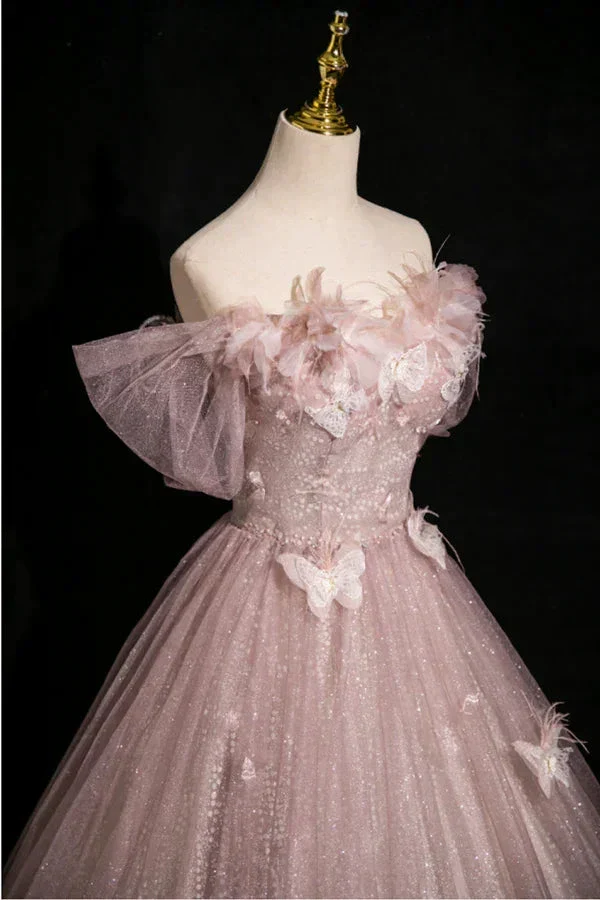 Elegant Pink Tulle Sequins Ball Gown Butterfly Appliques Formal Evening Dress Y7996 - Image 3