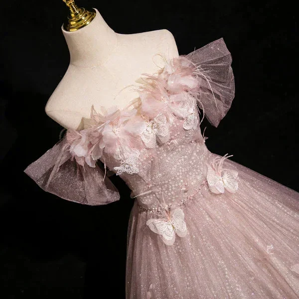 Elegant Pink Tulle Sequins Ball Gown Butterfly Appliques Formal Evening Dress Y7996 - Image 5