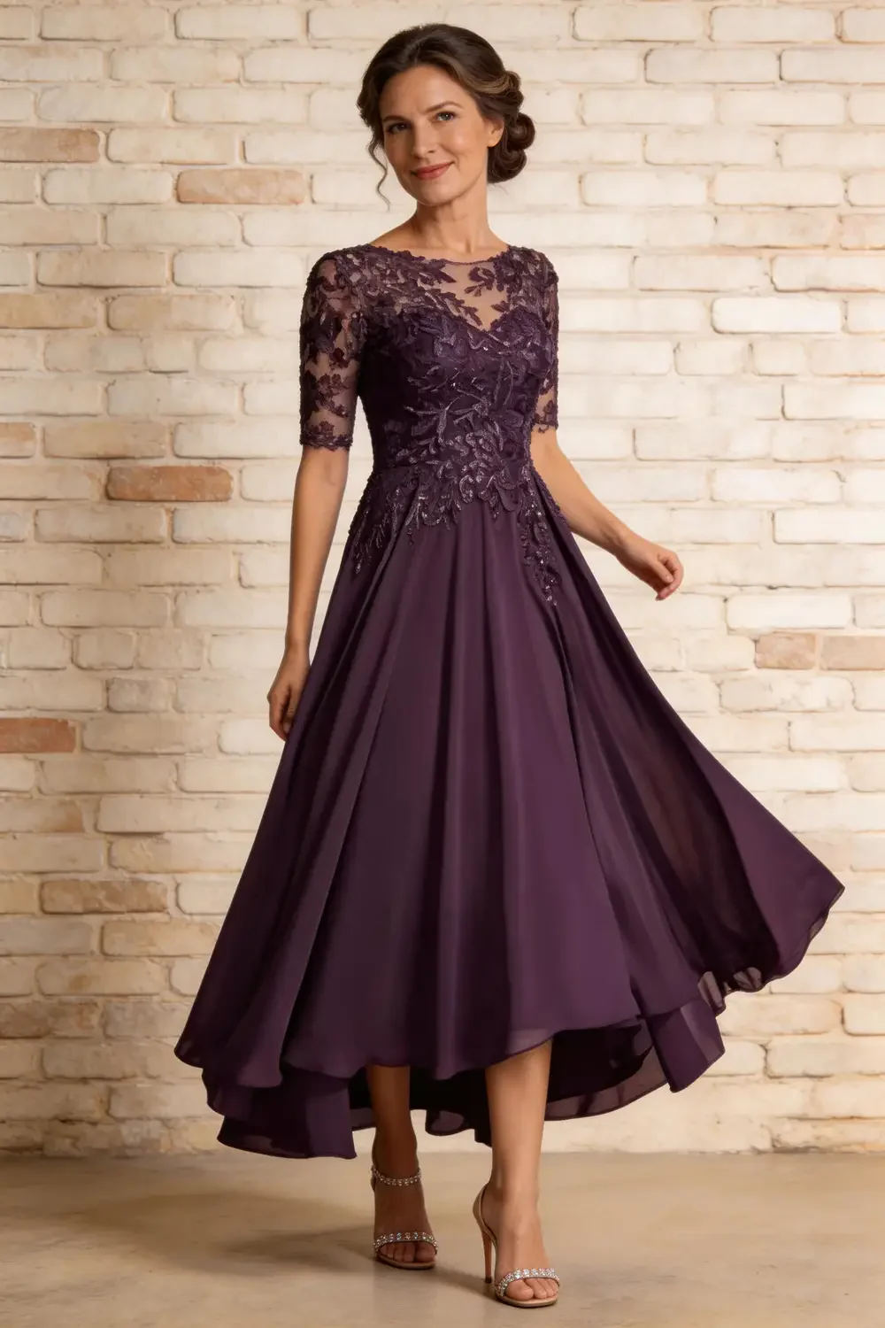 Plum Purple Lace Chiffon High Low Mother Of The Bride Dress - Image 2