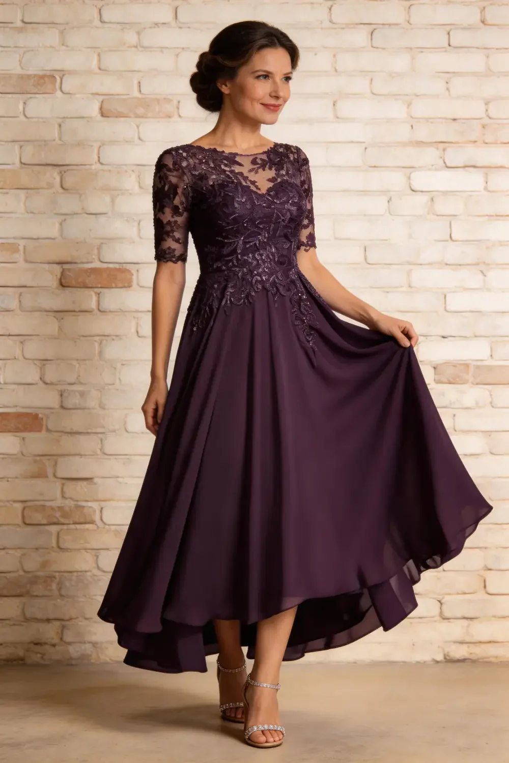 Plum Purple Lace Chiffon High Low Mother Of The Bride Dress - Image 3