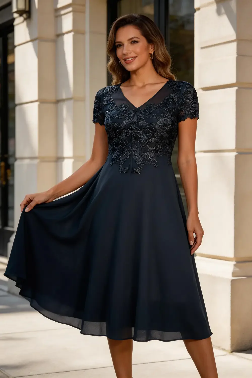 Plum Purple Lace Chiffon Tea Length Dress For Mother Of The Bride - Image 2