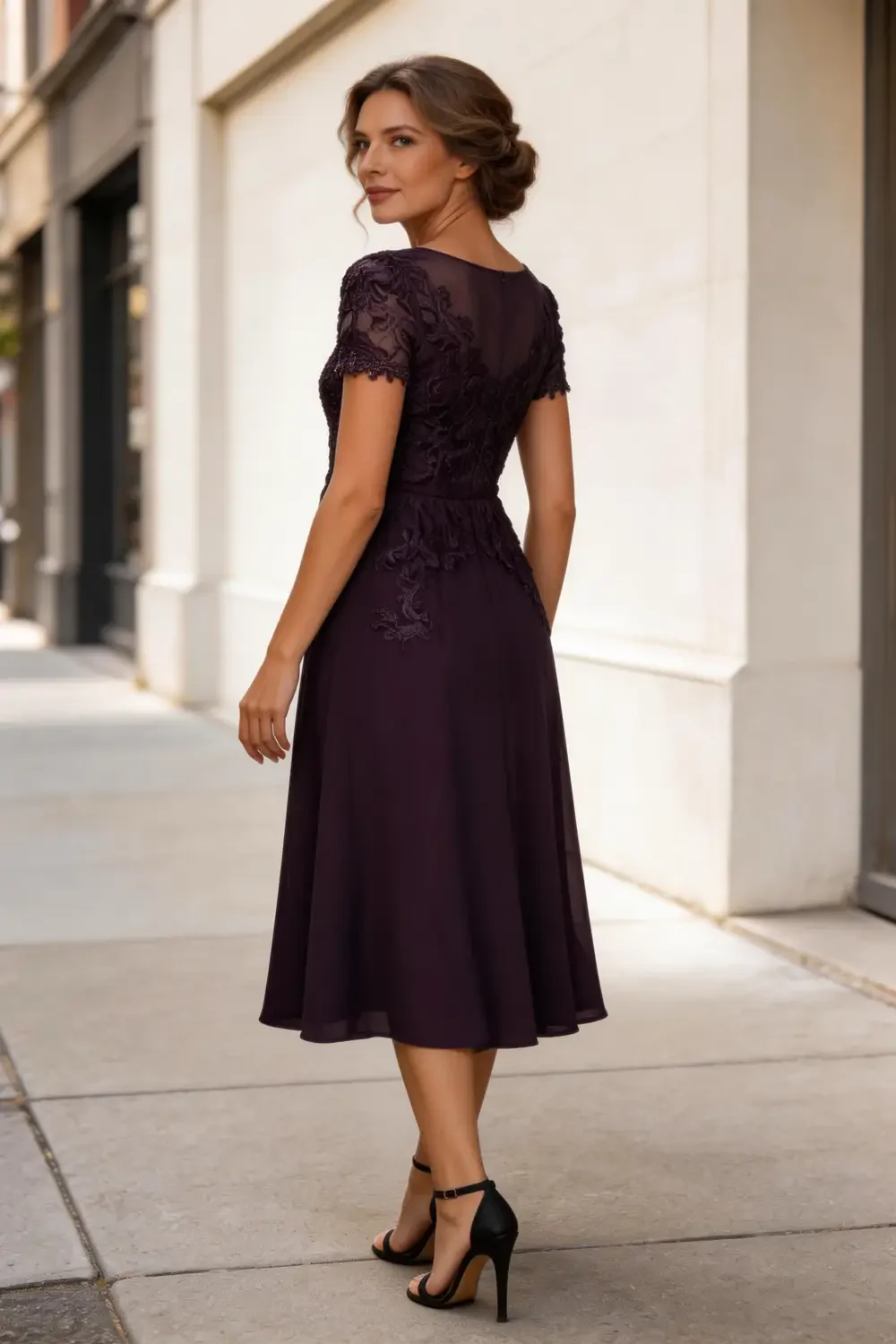 Plum Purple Lace Chiffon Tea Length Dress For Mother Of The Bride - Image 3