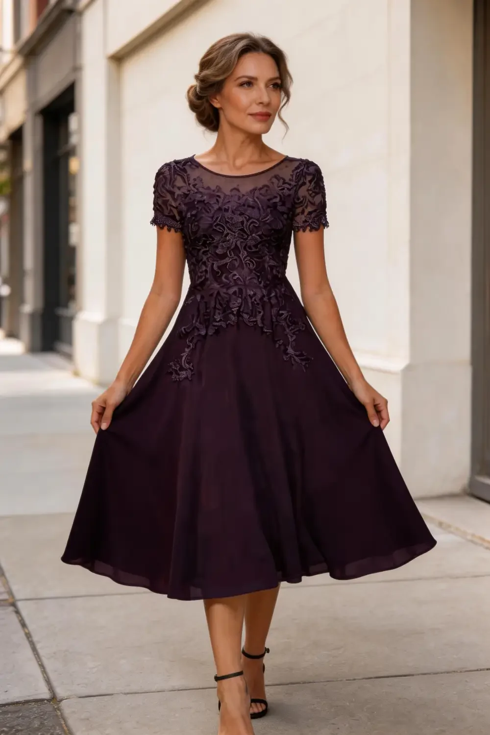 Plum Purple Lace Chiffon Tea Length Dress For Mother Of The Bride - Image 4