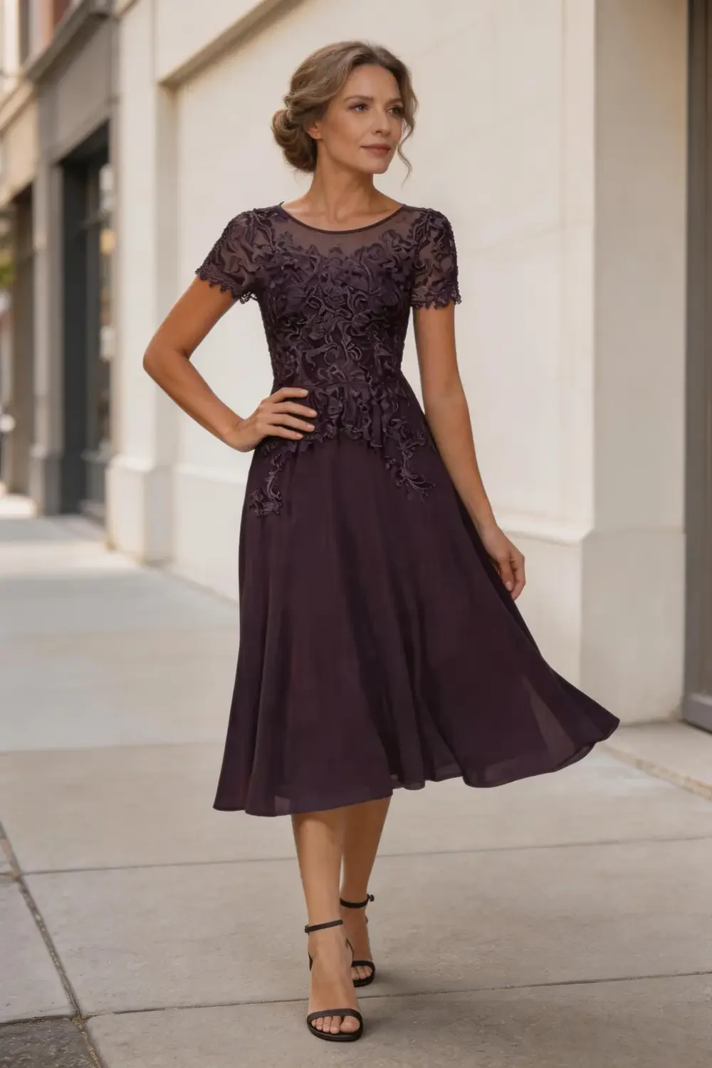 Plum Purple Lace Chiffon Tea Length Dress For Mother Of The Bride - Image 5