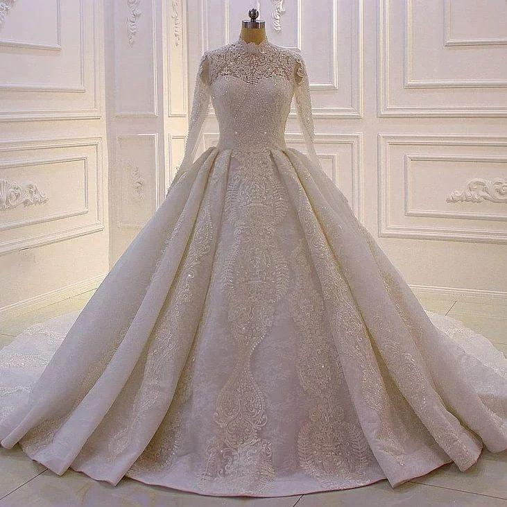 Elegant Princess A-line High Neck Lace Sequined Wedding Dress With Long Sleeves - Image 2