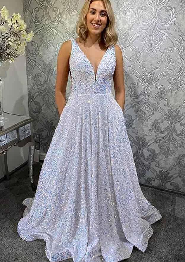 A-line V Neck Sleeveless Velvet Sequins Long Prom Dress With Pockets - Image 2