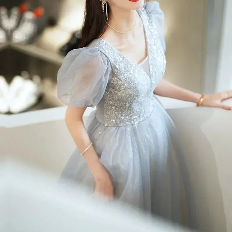 Elegant Princess Formal Evening Prom Dress Gorgeous V Neck Puff Sleeve Bandage Long Dresses Floral Glitter Robes De Soirée 2025 - Image 2