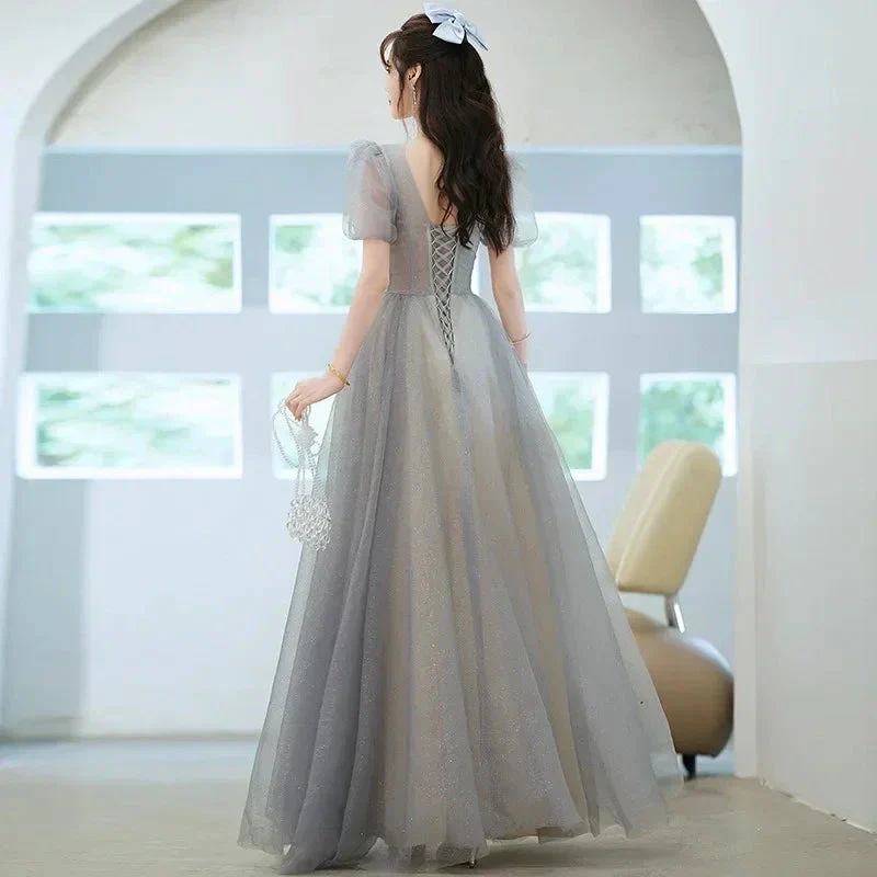 Elegant Princess Formal Evening Prom Dress Gorgeous V Neck Puff Sleeve Bandage Long Dresses Floral Glitter Robes De Soirée 2025 - Image 3