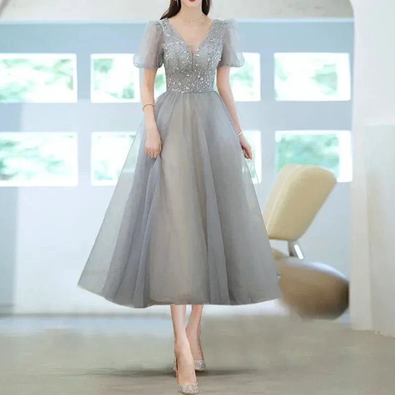Elegant Princess Formal Evening Prom Dress Gorgeous V Neck Puff Sleeve Bandage Long Dresses Floral Glitter Robes De Soirée 2025 - Image 4