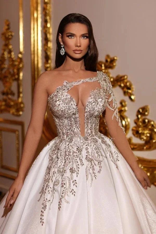 Elegant Princess Long A-line V-neck One Shoulder Satin Wedding Dresses - Image 2