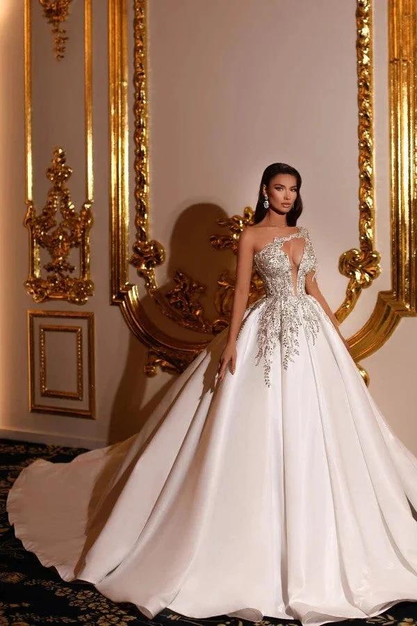 Elegant Princess Long A-line V-neck One Shoulder Satin Wedding Dresses - Image 3