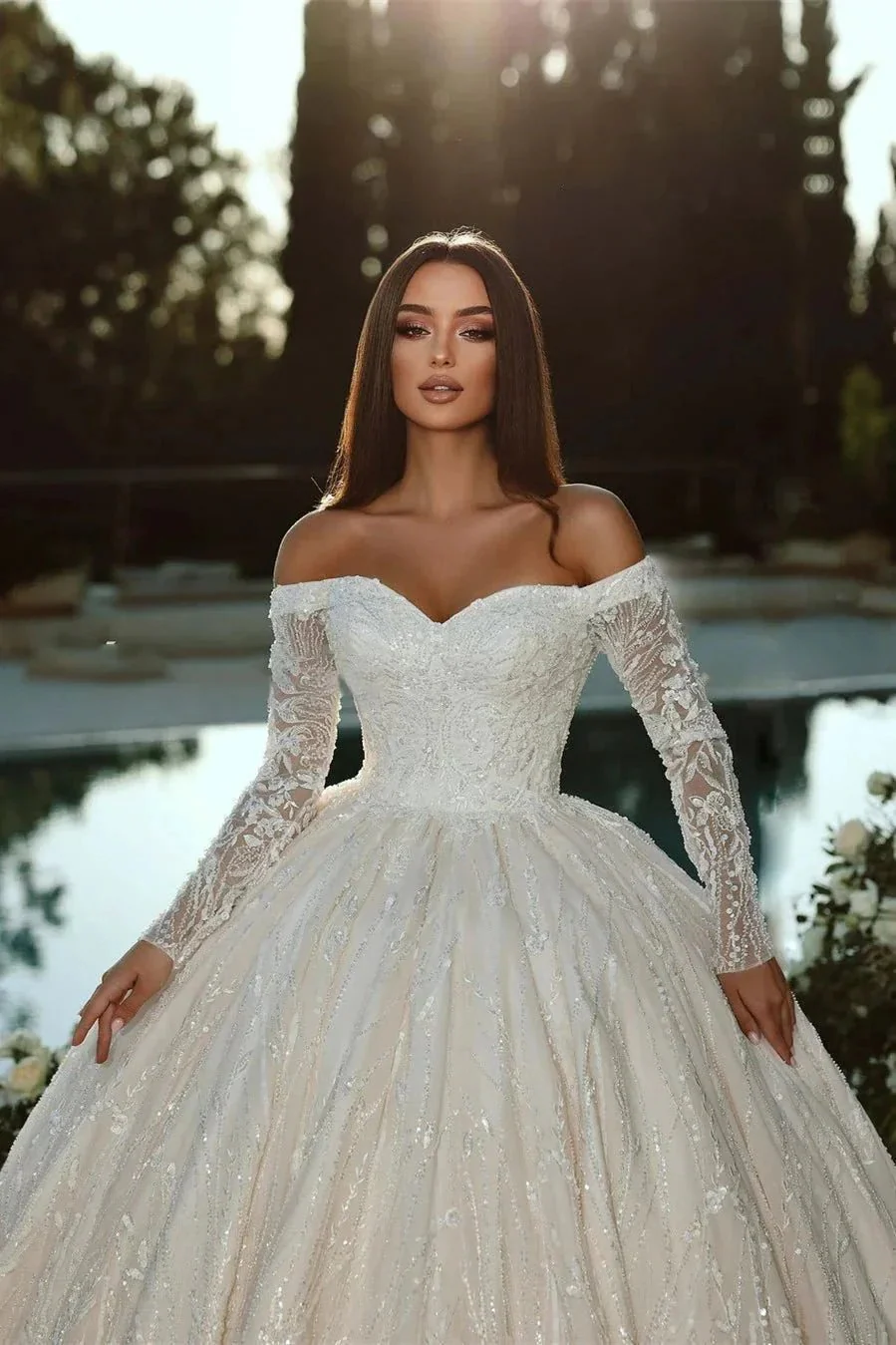 Elegant Princess Off-the-shoulder A-line Ball Gown Wedding Dress With Long Sleeves - Image 3