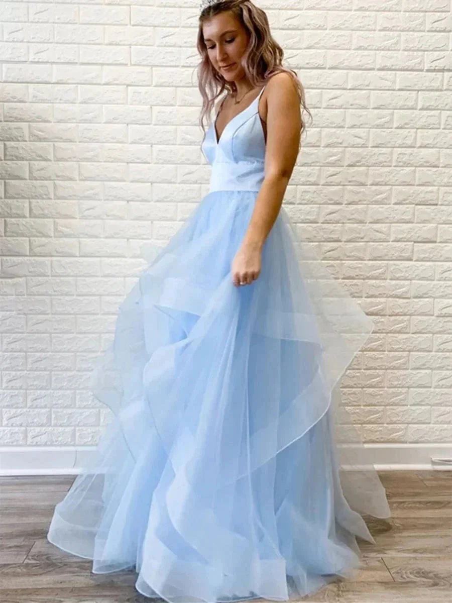 Elegant Princess V Neck Puffy Organza Spaghetti Straps Long Prom Dresses - Image 3