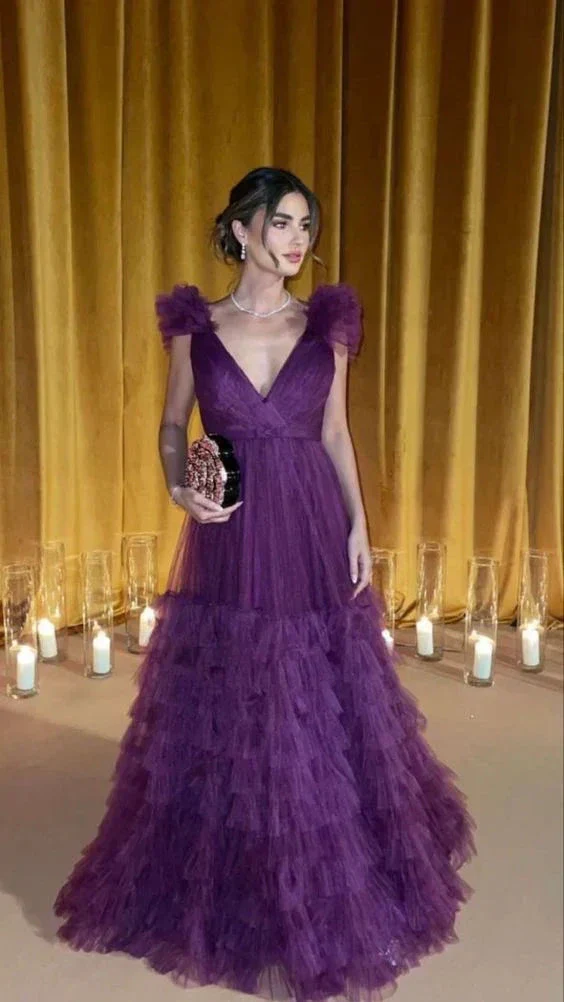 Elegant Purple A-line V Neck Tulle Evening Dress Y5633 - Image 2