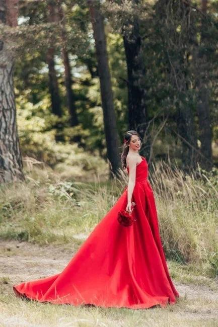 Elegant Red A-Line One Shoulder Satin Sleeveless Wedding Dresses - Image 3