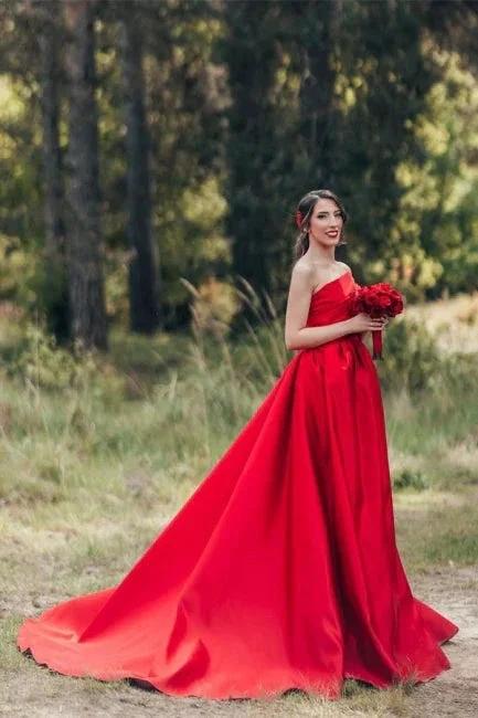 Elegant Red A-Line One Shoulder Satin Sleeveless Wedding Dresses - Image 4