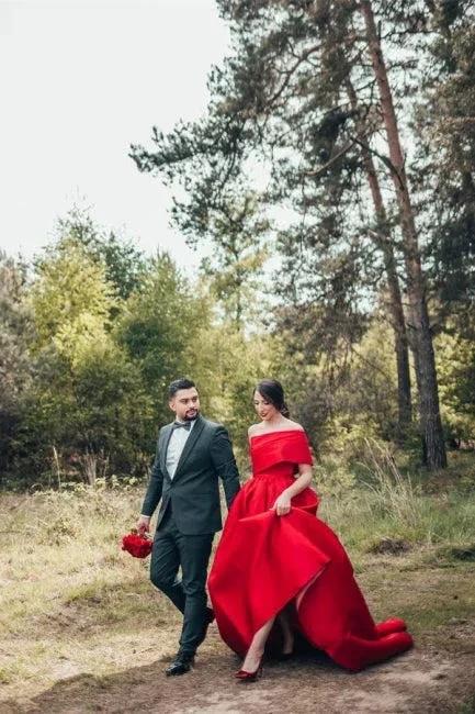 Elegant Red A-Line One Shoulder Satin Sleeveless Wedding Dresses - Image 5