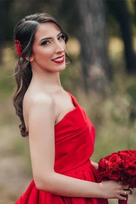 Elegant Red A-Line One Shoulder Satin Sleeveless Wedding Dresses - Image 6