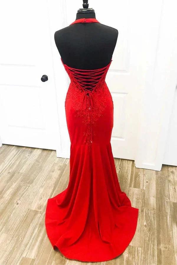 Elegant Red Halter Mermaid Prom Dress with Appliques  PSK505 - Image 2
