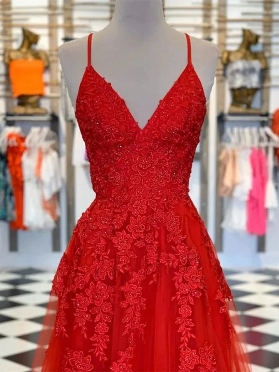 Elegant Red Long A Line V Neck Tulle Lace Formal Graduation Prom Dresses - Image 2