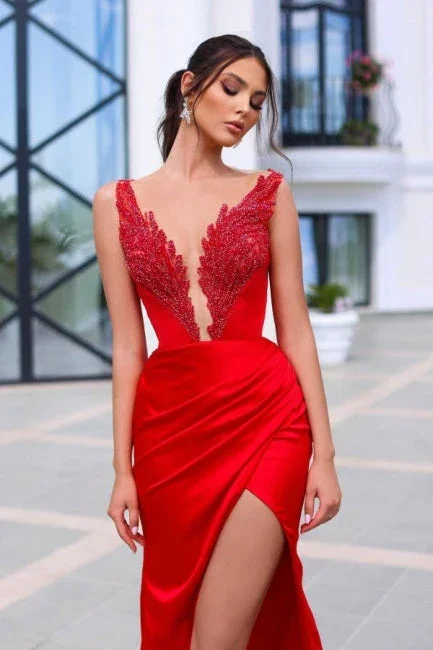 Elegant Red Long V-Neck Front Split Prom Dresses With Glitter - Image 2