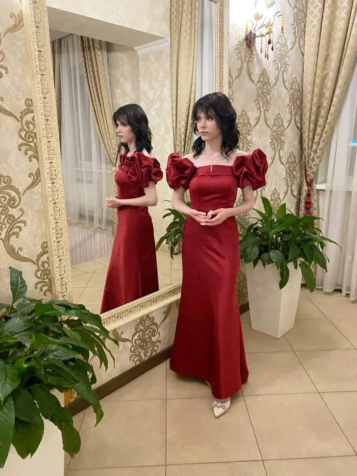 Elegant Red Puff Sleeves Satin Ball Gown Long Prom Evening Dress Y7603 - Image 2