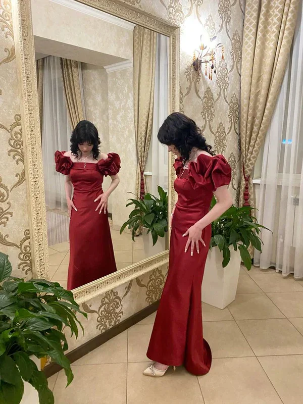 Elegant Red Puff Sleeves Satin Ball Gown Long Prom Evening Dress Y7603 - Image 3