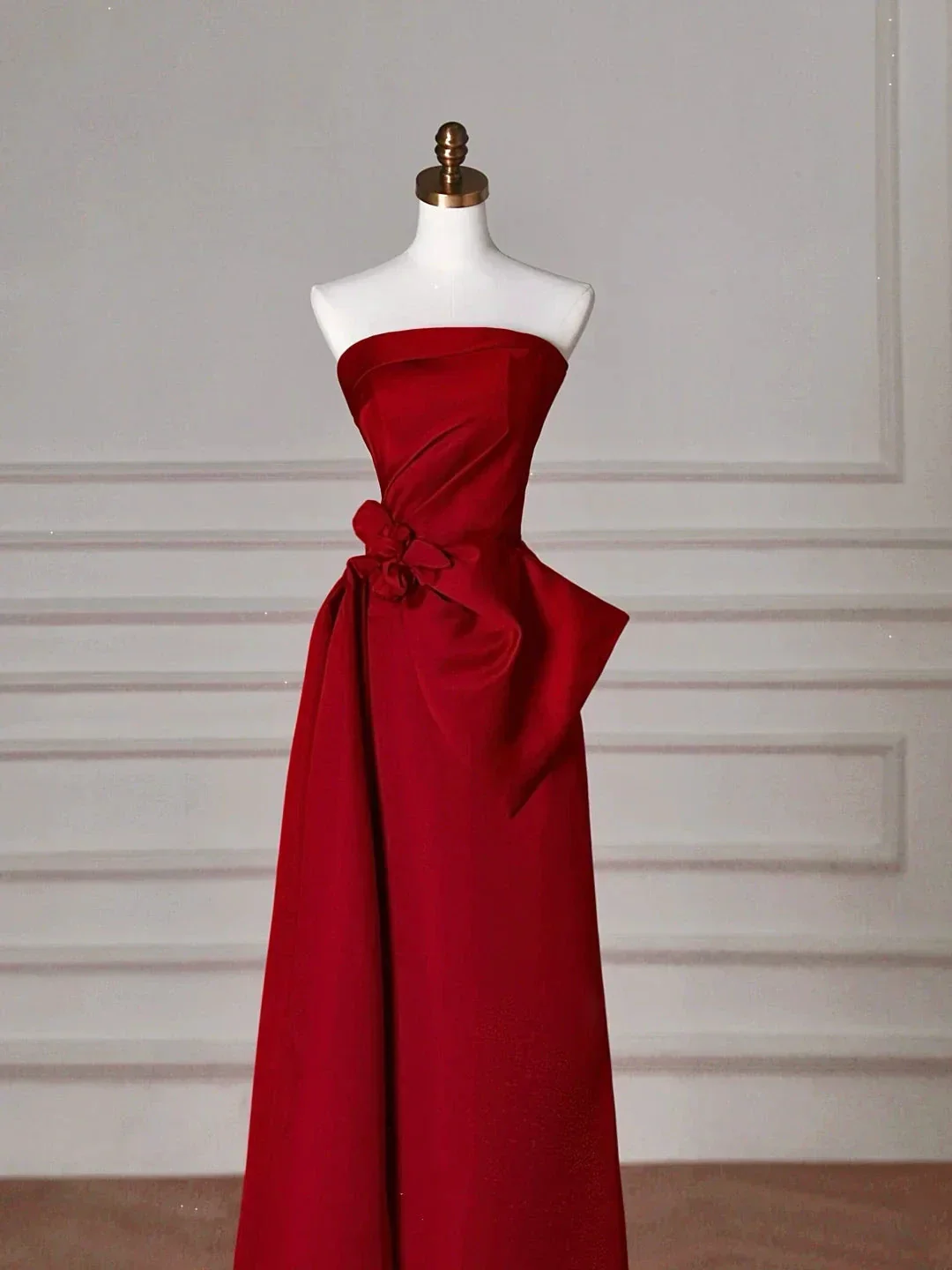 Elegant Red Satin Strapless Prom Dress A Line Formal Evening Dress Y8624 - Image 2