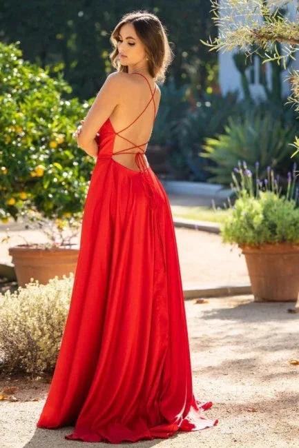 Elegant Red Spaghetti Straps Sleeveless Column Satin Prom Dresses with Ruffles - Image 2