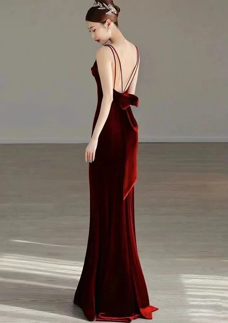 Elegant Red Velvet mermaid Evening Dress Long Prom Dress Y7824 - Image 2