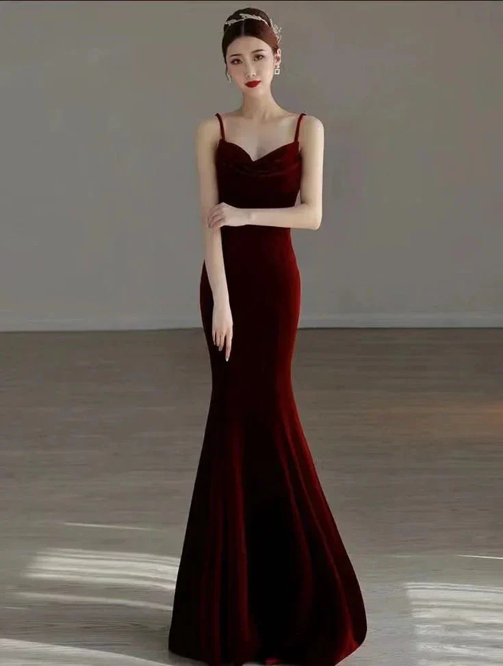 Elegant Red Velvet mermaid Evening Dress Long Prom Dress Y7824 - Image 3