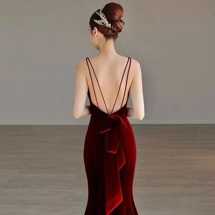 Elegant Red Velvet mermaid Evening Dress Long Prom Dress Y7824 - Image 4