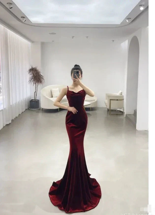 Elegant Red Velvet mermaid Evening Dress Long Prom Dress Y7824 - Image 5